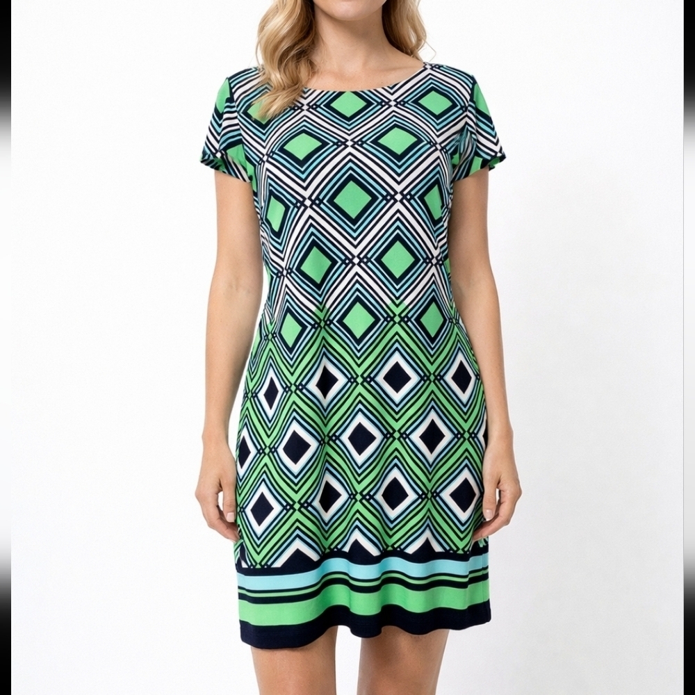 Jessica Howard Geometric Print Dress Size Medium Green Blue Shift Stretch Career